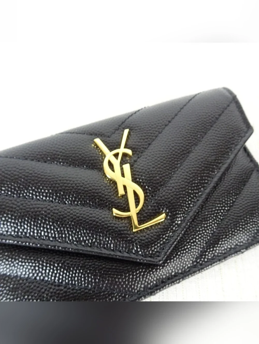 YSL Saint Laurent Monogram Card Holder Wallet Matelasse Chevron Grain Leather